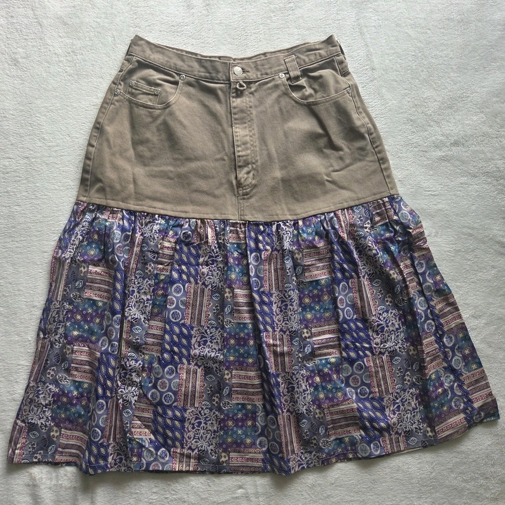 VTG Y2k Denim Fabric Ruffle Skirt Boho Khaki Retro Sz 12 Upcycled Faded Glory‎